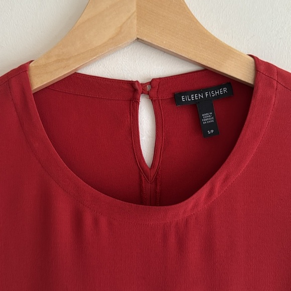 Eileen Fisher Red 100% Georgette Silk Long Sleeve Shift Midi Dress Women Small - Picture 4 of 13